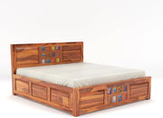 Wythenis Sheesham Wood Queen Size Bed With Storage (Honey Finish)