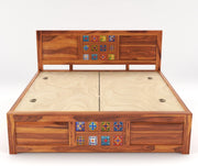 Wythenis Sheesham Wood Queen Size Bed With Storage (Honey Finish)