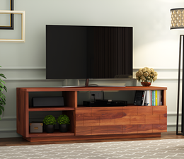 Fendthorin Sheesham Wood Tv Unit with Shelf Storage (Honey Finish)