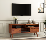 Drolvian Sheesham Wood Tv Unit with Two Pull Out Drawers and Shelves (Honey Finish)