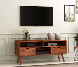 Drolvian Sheesham Wood Tv Unit with Two Pull Out Drawers and Shelves (Honey Finish)
