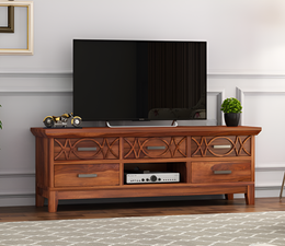 Hoventris Sheesham Wood Tv Unit with Five Pull Out Drawers (Honey Finish)