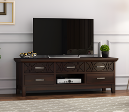Hoventris Sheesham Wood Tv Unit with Five Pull Out Drawers (Walnut Finish)