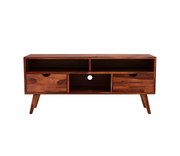 Drolvian Sheesham Wood Tv Unit with Two Pull Out Drawers and Shelves (Honey Finish)