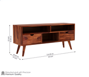 Drolvian Sheesham Wood Tv Unit with Two Pull Out Drawers and Shelves (Honey Finish)
