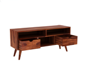 Drolvian Sheesham Wood Tv Unit with Two Pull Out Drawers and Shelves (Honey Finish)