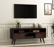 Drolvian Sheesham Wood Tv Unit with Two Pull Out Drawers and Shelves (Walnut Finish)