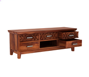 Hoventris Sheesham Wood Tv Unit with Five Pull Out Drawers (Honey Finish)