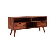 Drolvian Sheesham Wood Tv Unit with Two Pull Out Drawers and Shelves (Honey Finish)