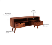 Drolvian Sheesham Wood Tv Unit with Two Pull Out Drawers and Shelves (Honey Finish)